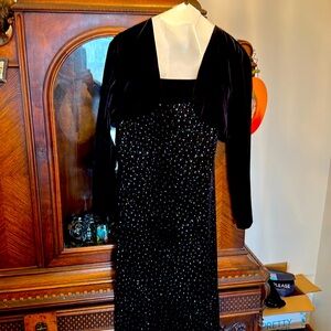 Black sequin velvet dress with short black velvet jacket